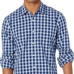 Amazon Essentials Men's Slim-Fit Long-Sleeve Poplin Shirt, Blue Plaid, Large